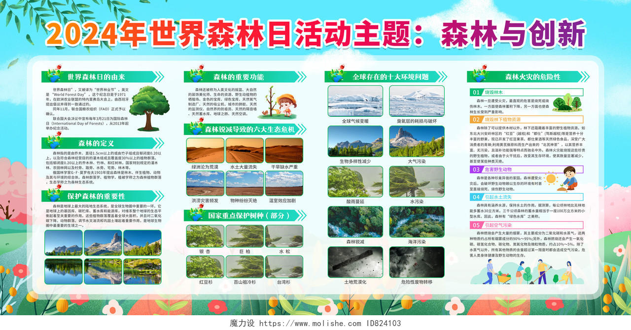 蓝色清新手绘2024年世界森林日宣传知识宣传栏展板设计